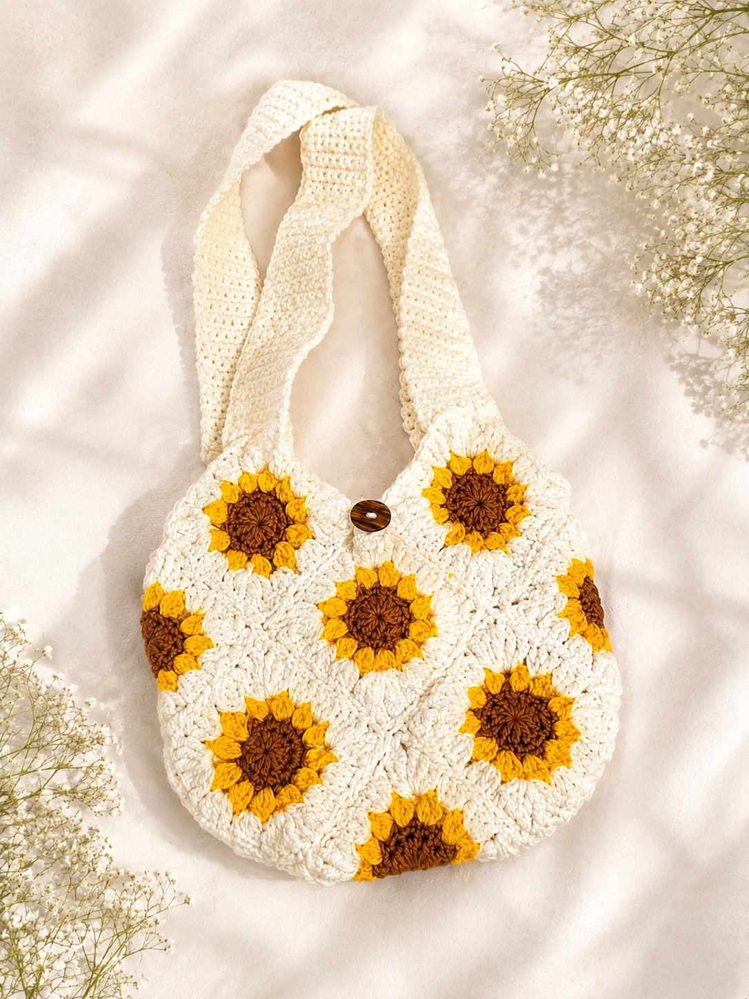 Sunflower Crochet Tote Bag – Handmade Cottagecore Shoulder Bag