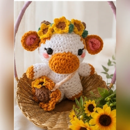 Sunflower Cow Crochet Plushie | Handmade Amigurumi Toy | 25cm Cottagecore Stuffed Animal