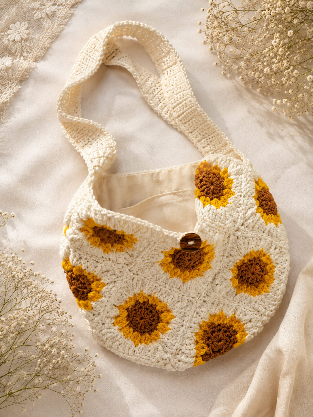 Sunflower Crochet Tote Bag – Handmade Cottagecore Shoulder Bag
