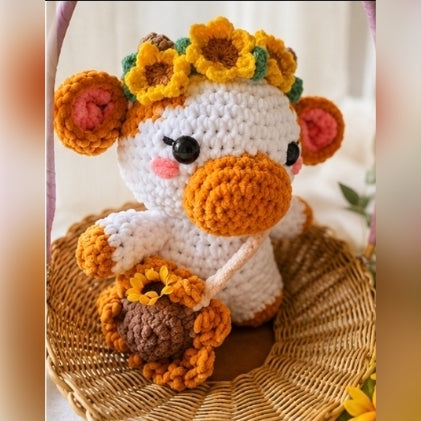 Sunflower Cow Crochet Plushie | Handmade Amigurumi Toy | 25cm Cottagecore Stuffed Animal