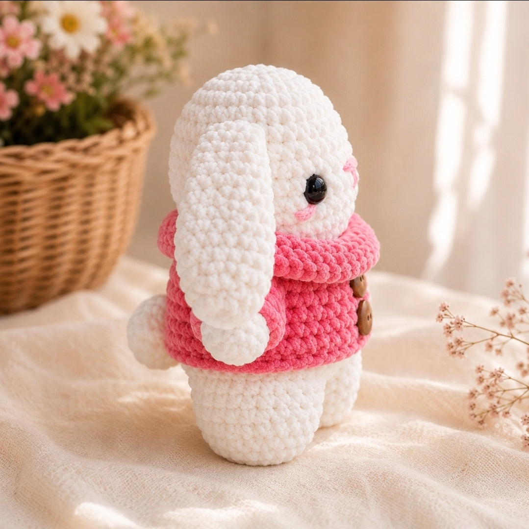 Handmade Crochet Bunny Plushie in Pink Sweater | 19–20cm Cottagecore Gift