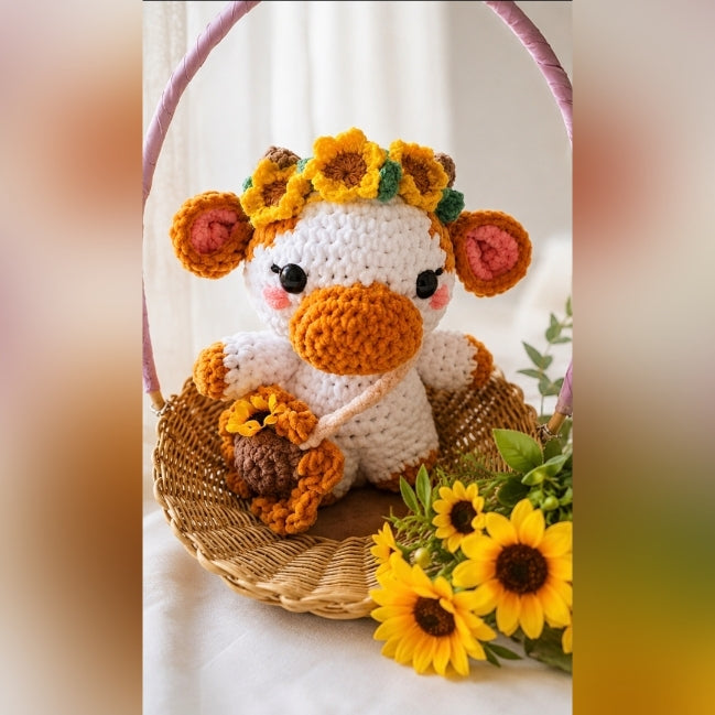 Sunflower Cow Crochet Plushie | Handmade Amigurumi Toy | 25cm Cottagecore Stuffed Animal